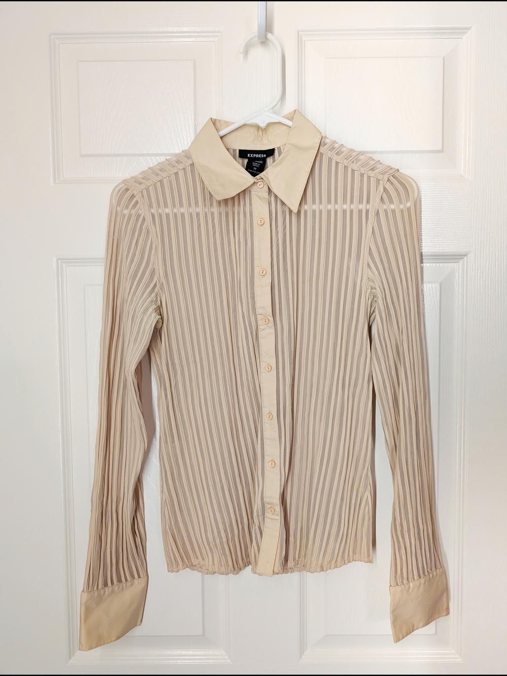 Express Sheer Striped Button-Up Blouse in Beige Tan